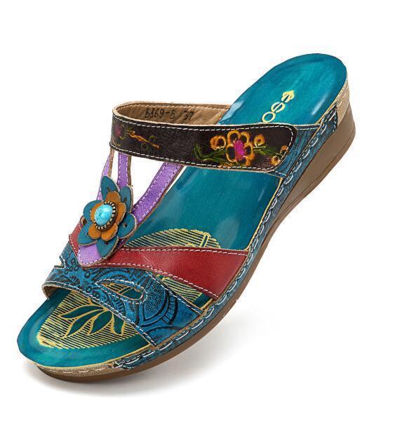 Women Sandals Heeled Slippers Ethnic Flower Sandals Female Summer Shoes - fadidesign