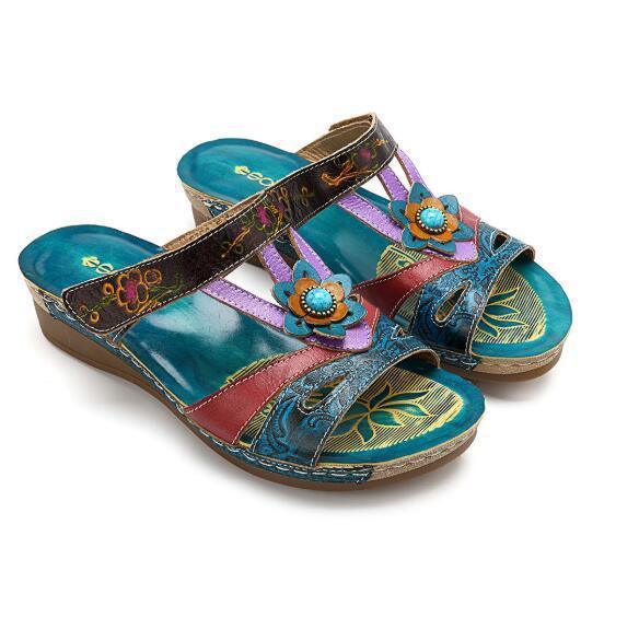 Women Sandals Heeled Slippers Ethnic Flower Sandals Female Summer Shoes - fadidesign