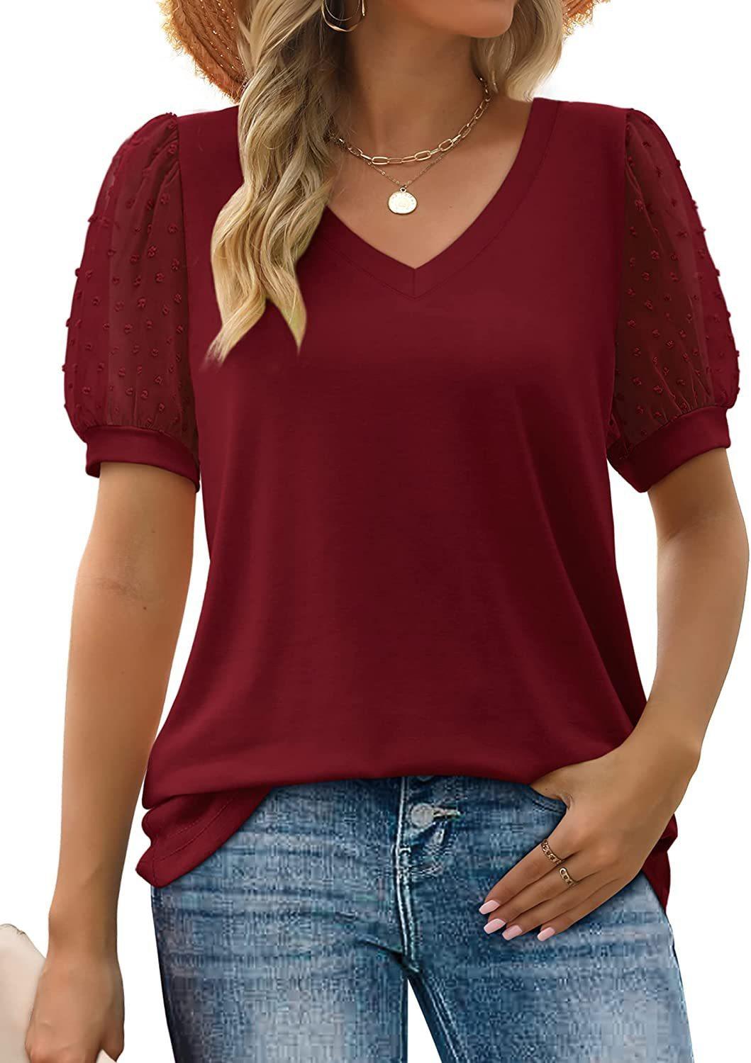 Womens Summer Tops V Neck T Shirts Dot Puff Sleeve Tops Loose Casual Tshirts - fadidesign