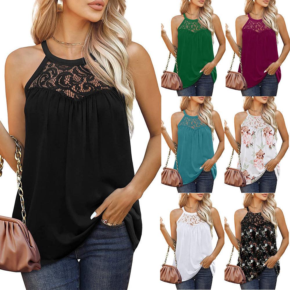 Womens Tank Tops Loose Fit Summer Lace Halter Tops Sleeveless Shirts - fadidesign