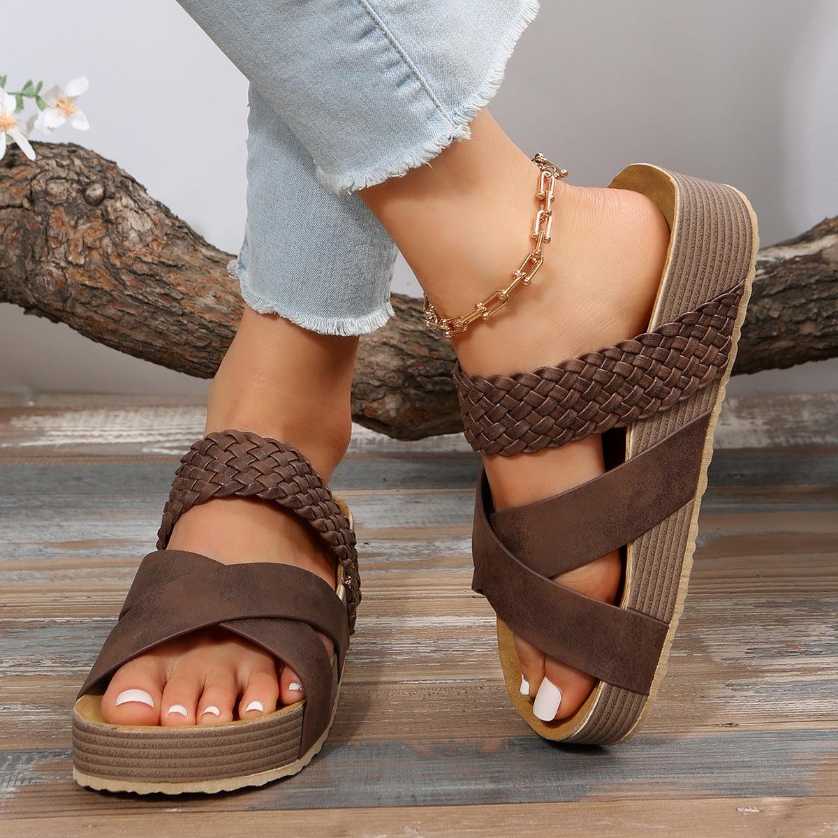 Woven Cross-strap Slippers Summer Platform Sandals Women Flat Beach Shoes - fadidesign