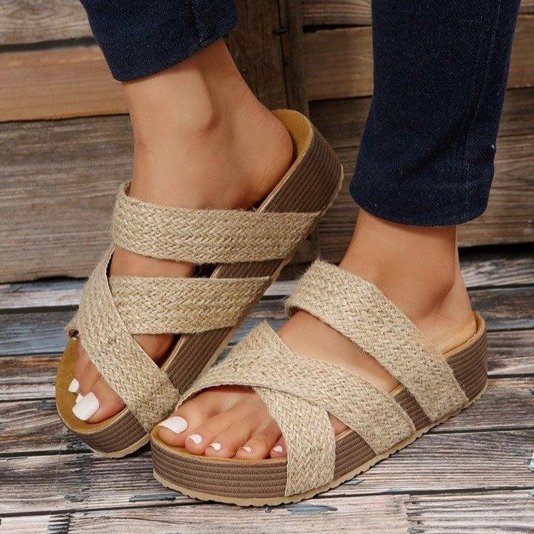 Woven Cross-strap Slippers Summer Platform Sandals Women Flat Beach Shoes - fadidesign